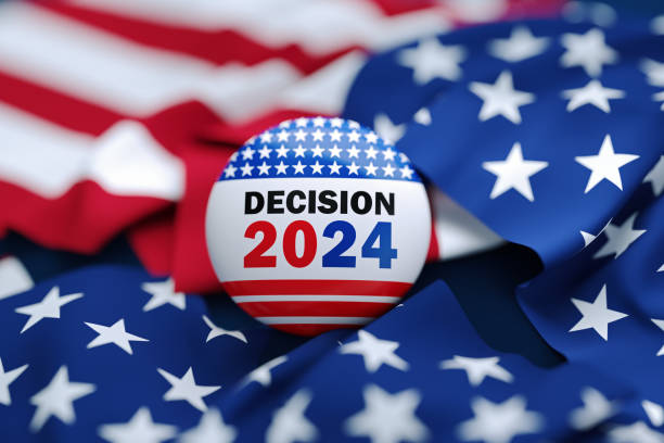 Decision 2024 printed badge over American flag. Horizontal composition. 2024 presidential election concept.