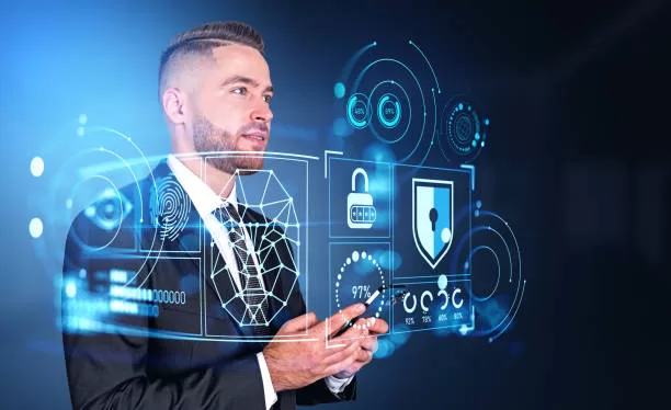 Dreaming handsome businessman wearing formal wear standing holding smartphone with digital interface with hud in background. Concept of cybersecurity, data and information protection, cyberattack